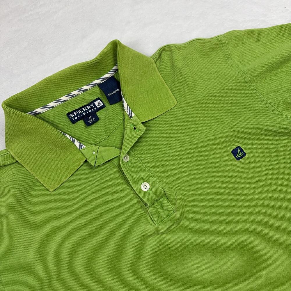 Sperry Top-Sider Polo Shirt Mens M Green Short Sleeve Collared Logo 100% Cotton